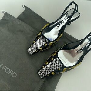 Tom Ford Gold and Black Animal Print Crystal Slingback Heel Size 39